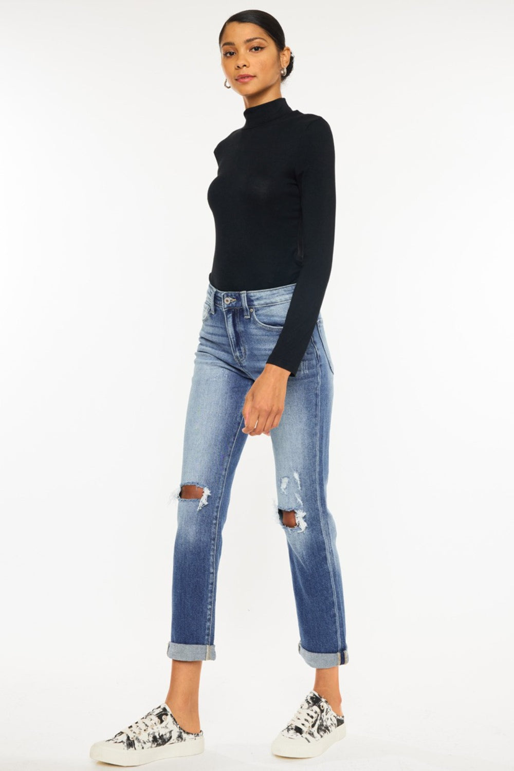 KanCan High Waist Distressed Hem Detail Cropped Straight Jeans