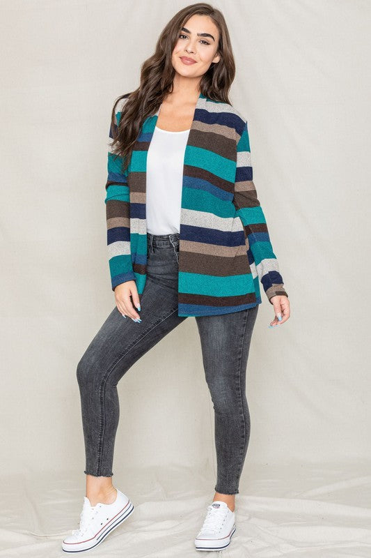 Stripe Elbow Patch Cardigan-Plus