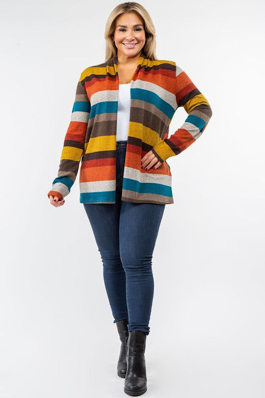 Stripe Elbow Patch Cardigan-Plus
