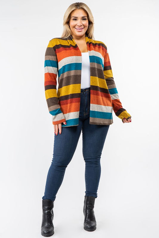 Stripe Elbow Patch Cardigan-Plus