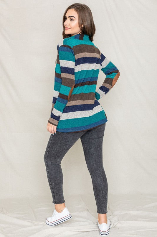 Stripe Elbow Patch Cardigan-Plus