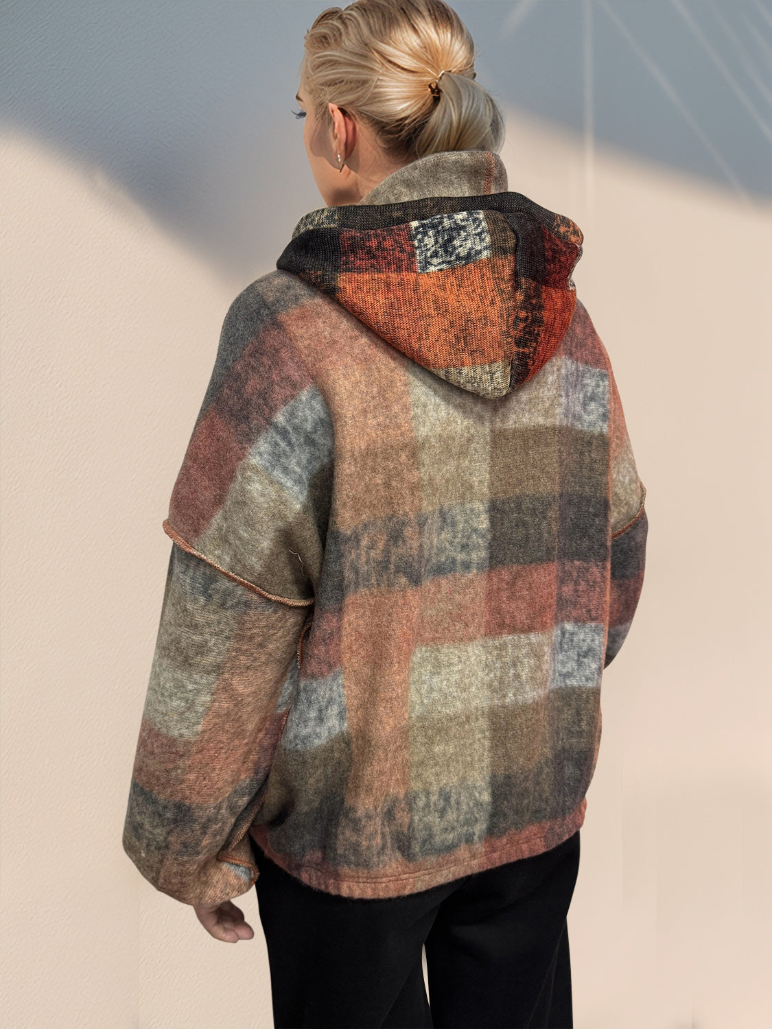 Double Take Half Exposed Seam Fleece Hoodie