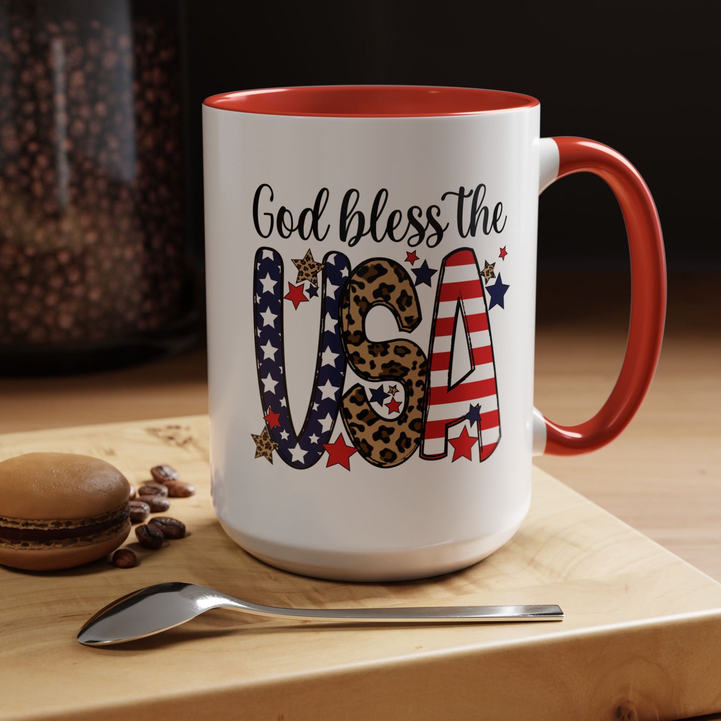 God Bless the USA Accent Coffee Mug – Patriotic Stars & Leopard 11/15oz