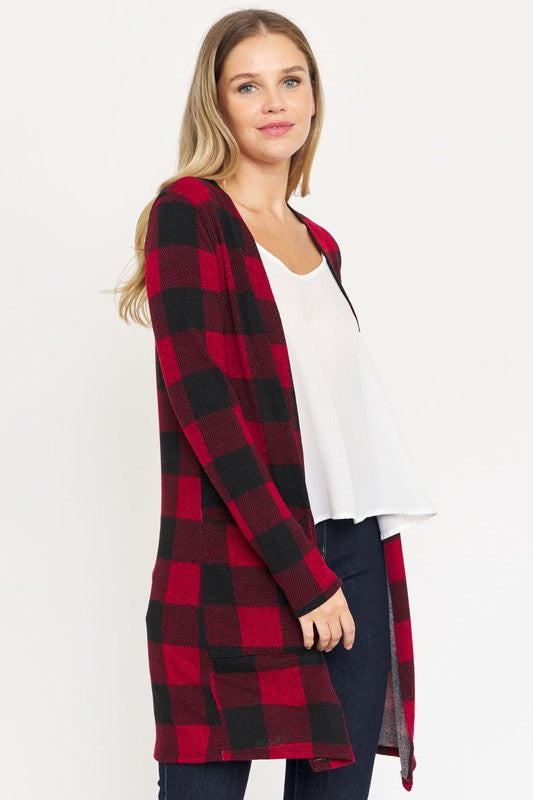 Long Buffalo Plaid Open Cardigan-Plus