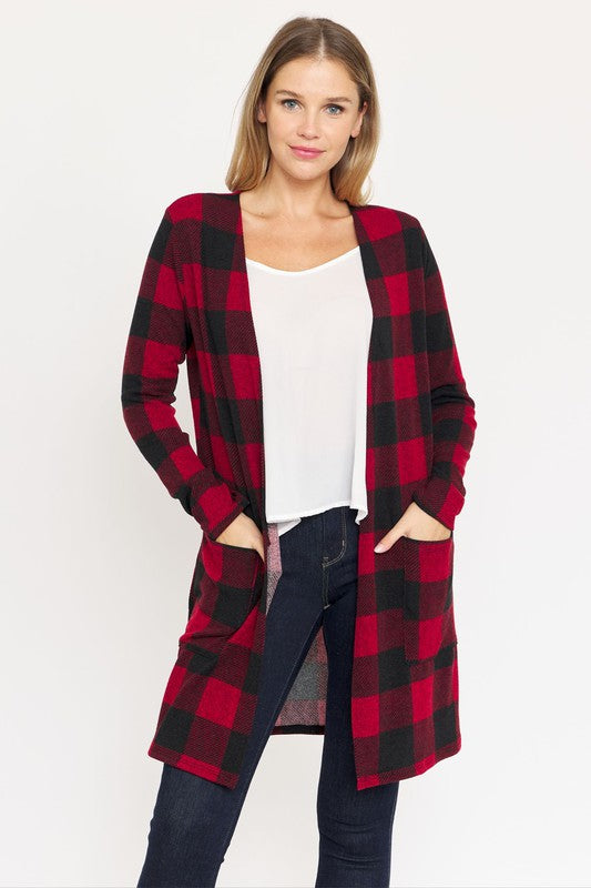 Long Buffalo Plaid Open Cardigan-Plus