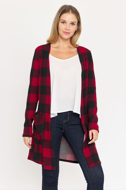 Long Buffalo Plaid Open Cardigan-Plus