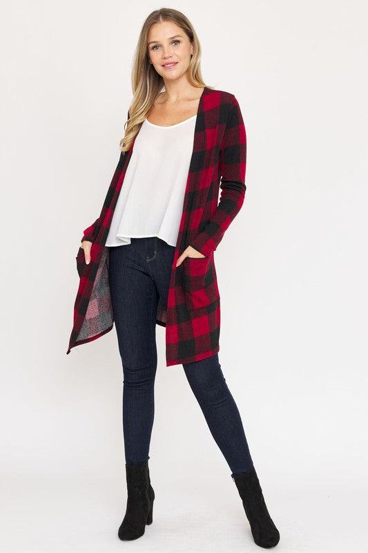 Long Buffalo Plaid Open Cardigan-Plus