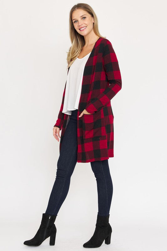 Long Buffalo Plaid Open Cardigan-Plus