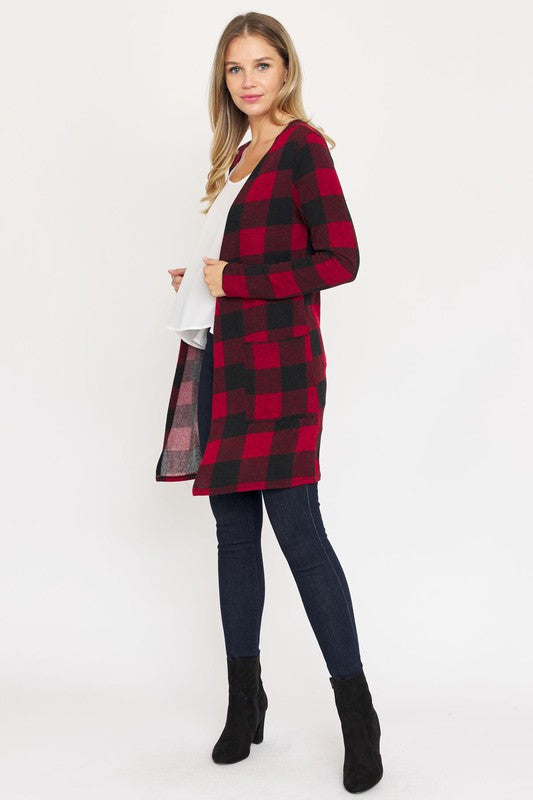 Long Buffalo Plaid Open Cardigan-Plus