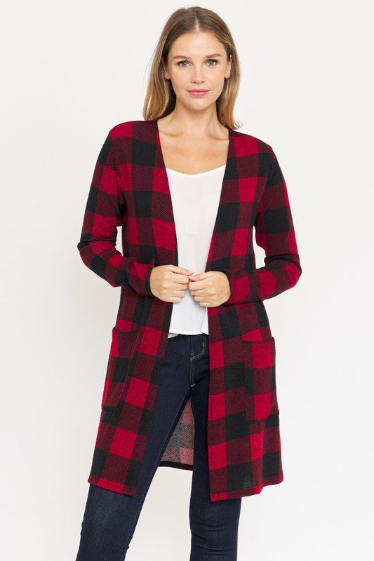 Long Buffalo Plaid Open Cardigan-Plus