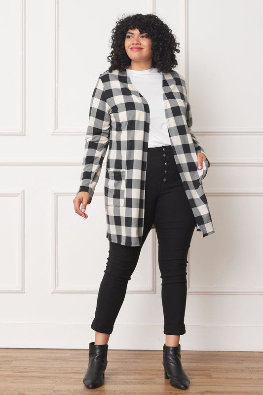 Long Buffalo Plaid Open Cardigan-Plus