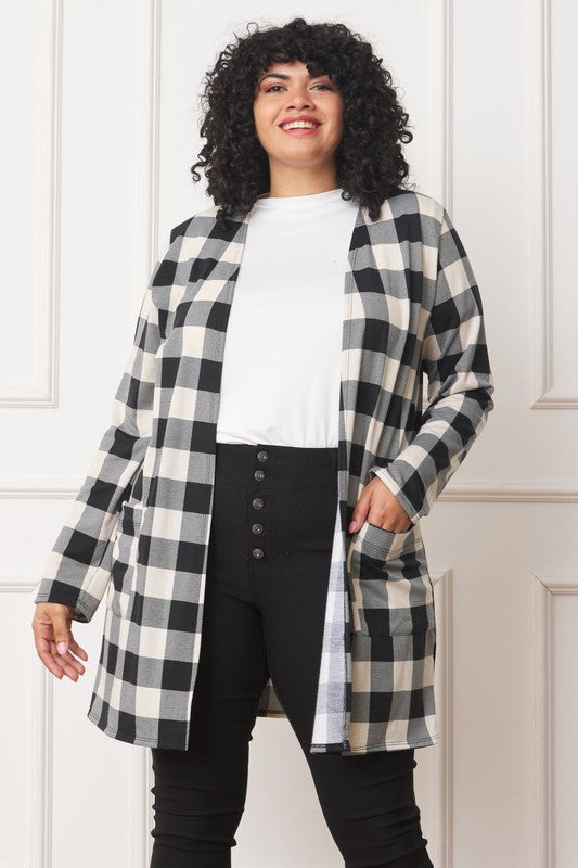 Long Buffalo Plaid Open Cardigan-Plus