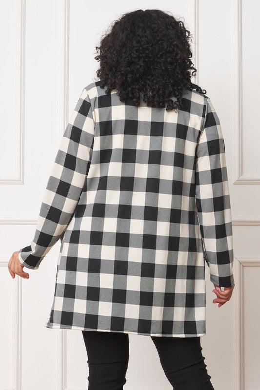 Long Buffalo Plaid Open Cardigan-Plus