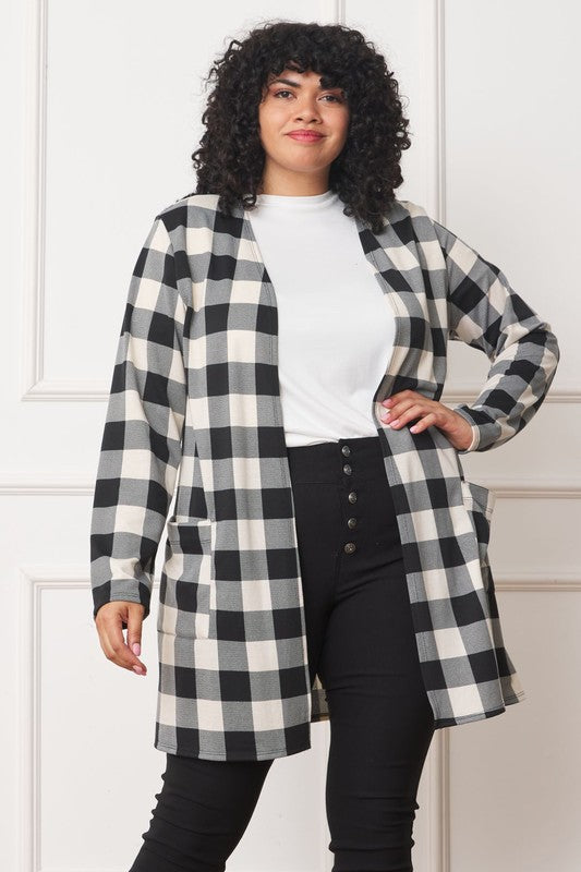 Long Buffalo Plaid Open Cardigan-Plus