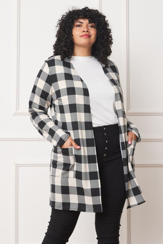 Long Buffalo Plaid Open Cardigan-Plus