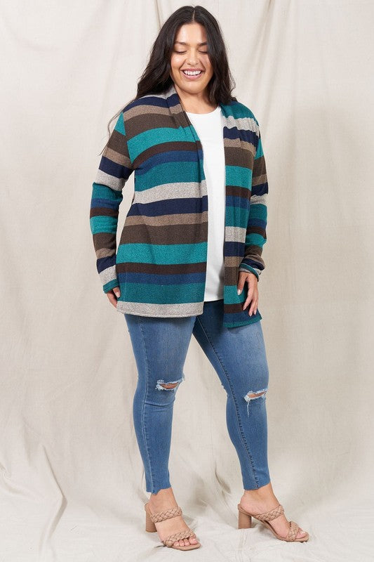 Stripe Elbow Patch Cardigan-Plus