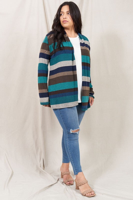 Stripe Elbow Patch Cardigan-Plus