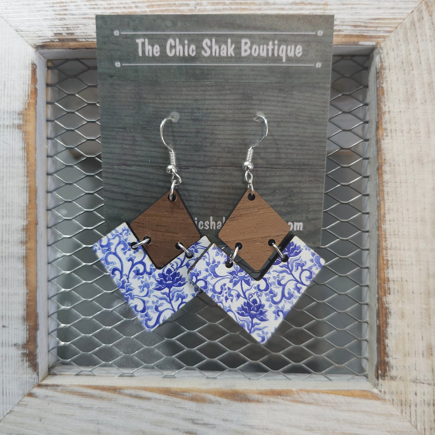 Patterned Antique Floral and Wood Earrings