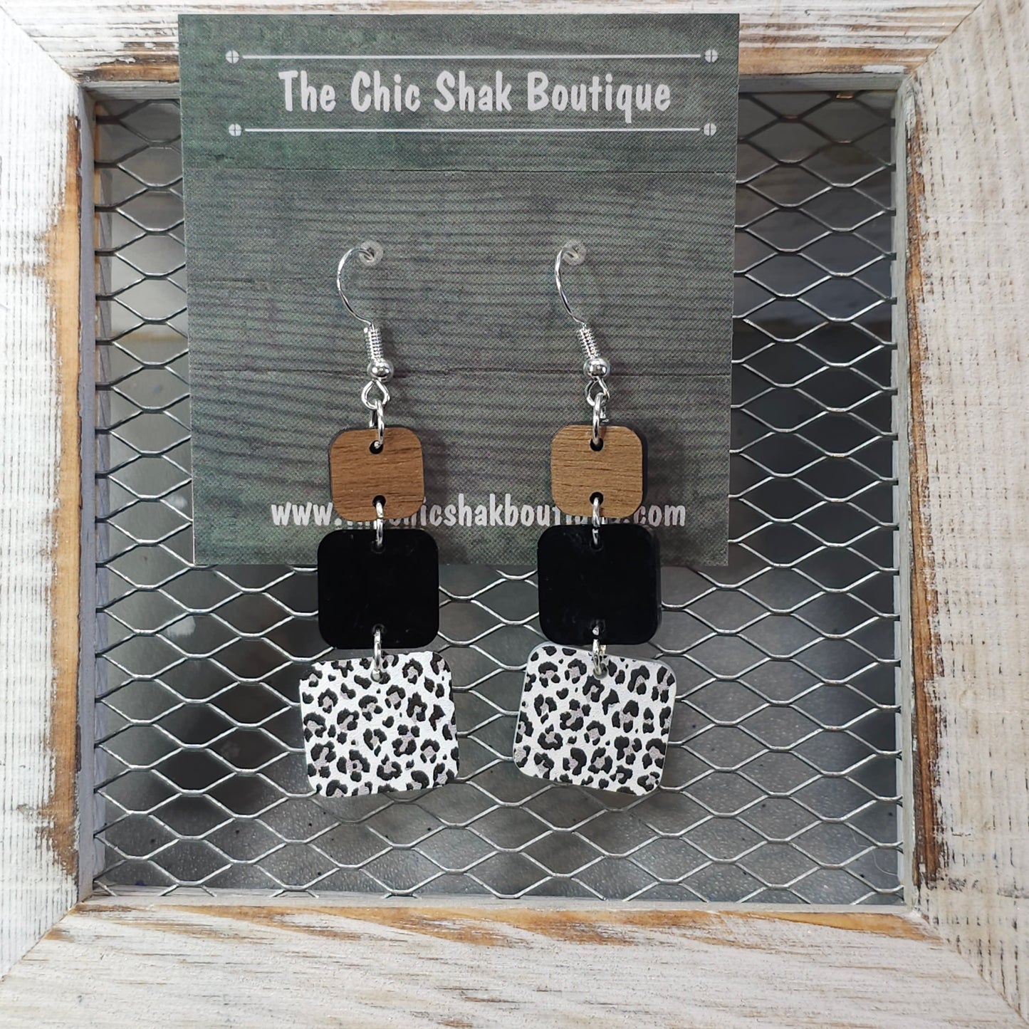 Snow Leopard Acrylic, Black Acrylic, and Wood Square Earrings