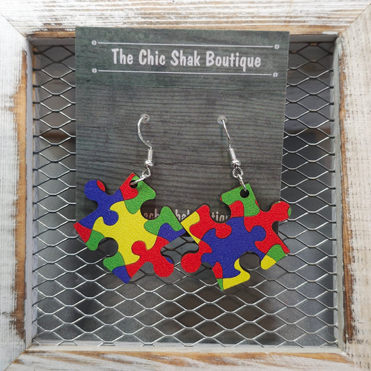 Patterned Wood Autism Puzzle Piece Earrings