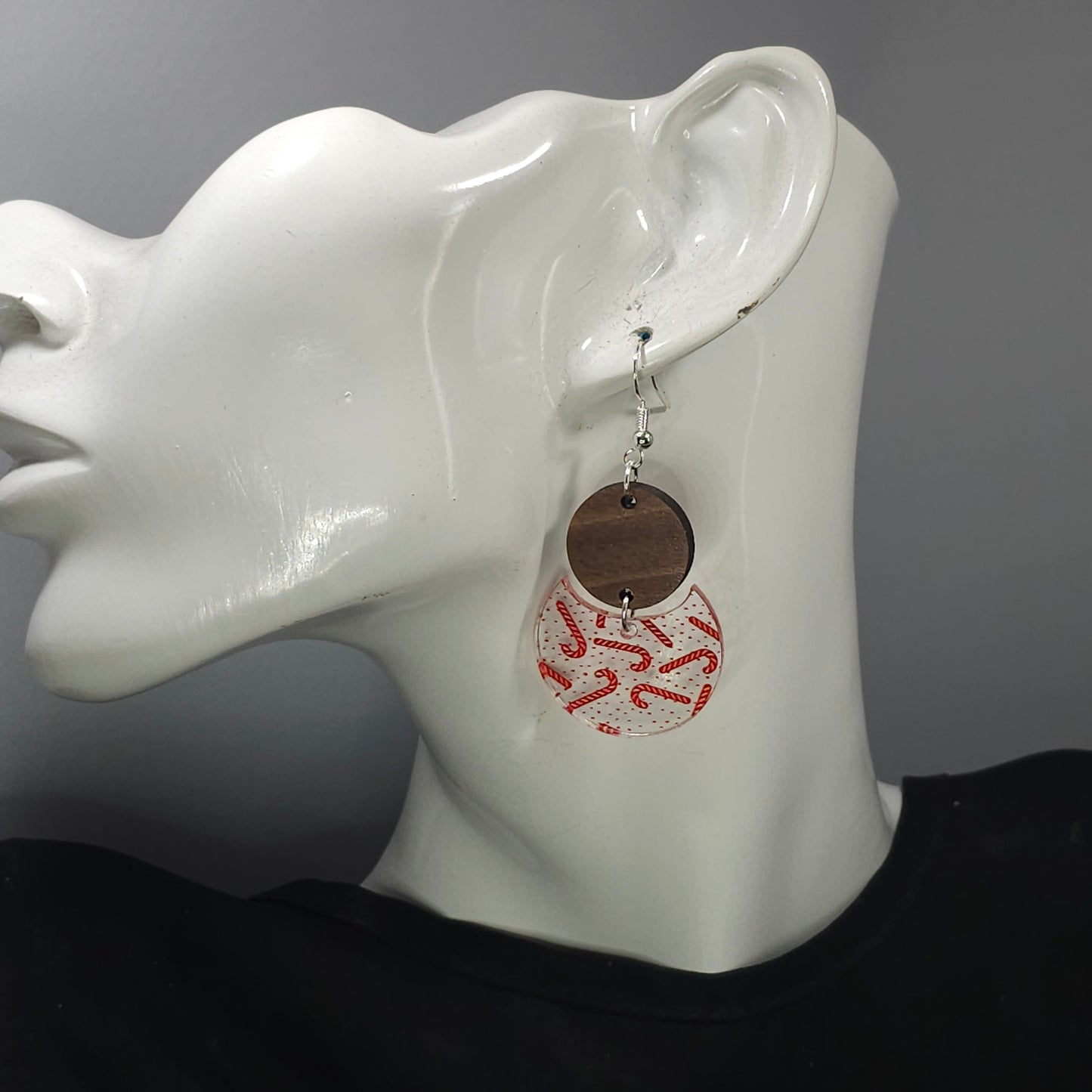 Patterned Acrylic Christmas Candy Cane and Wood Circle Earrings