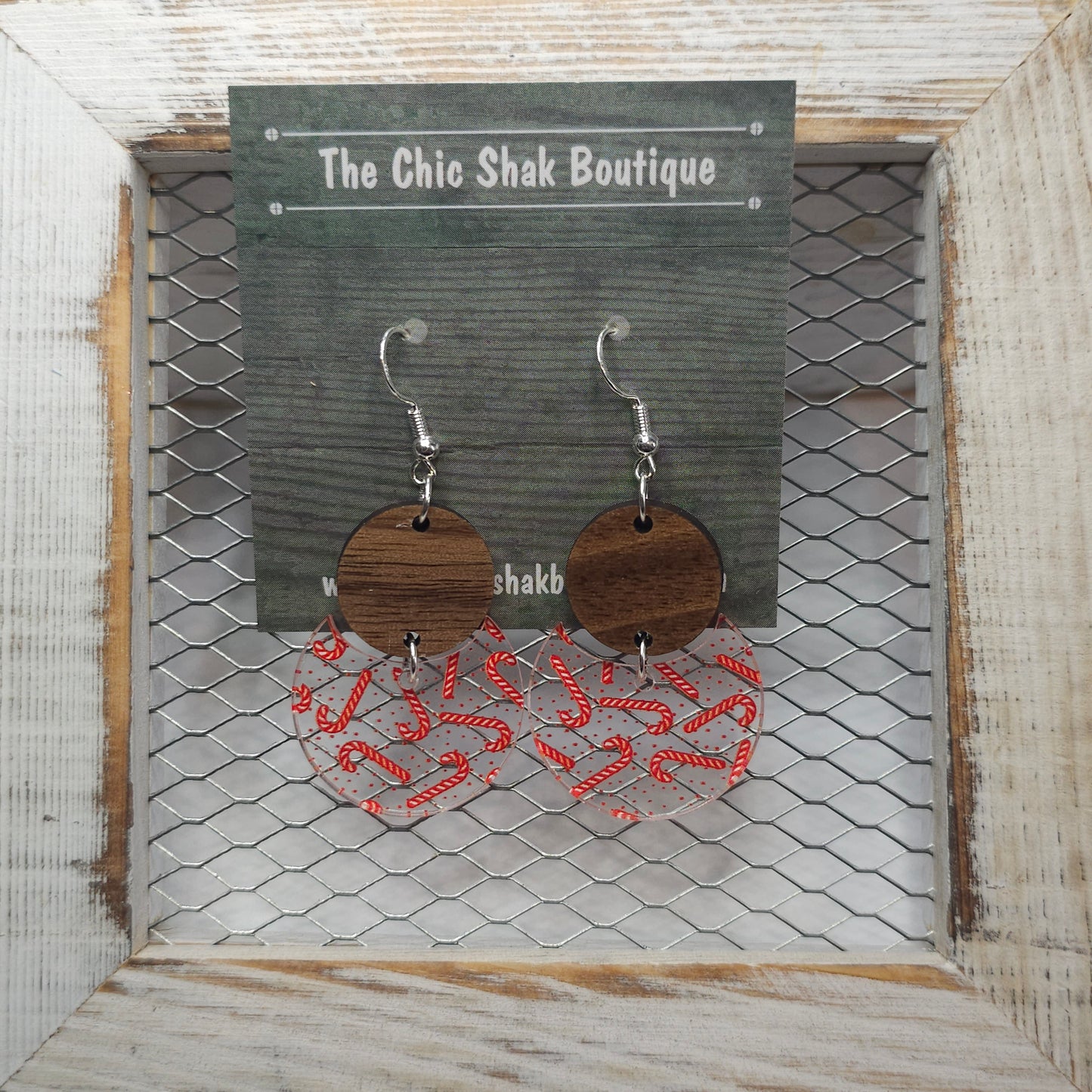 Patterned Acrylic Christmas Candy Cane and Wood Circle Earrings