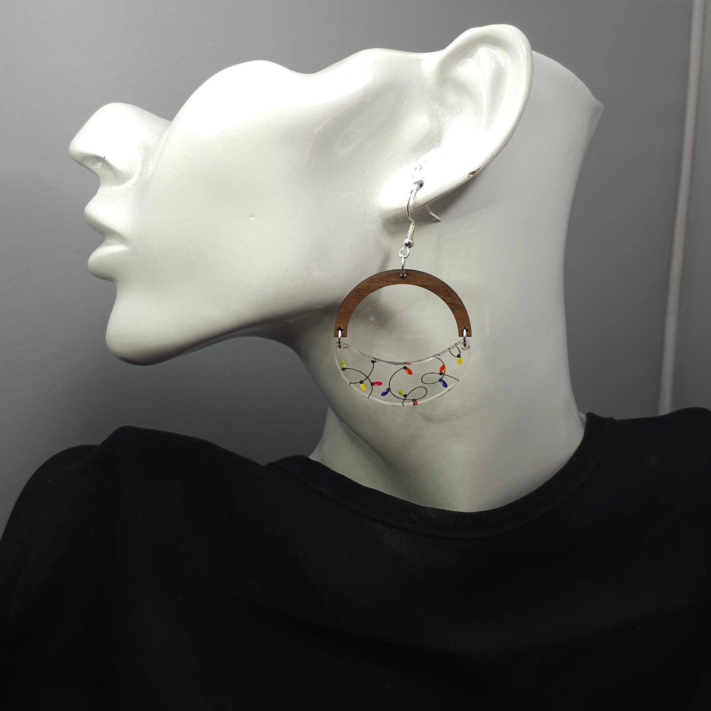 Patterned Acrylic and Wood Christmas Lights Earrings