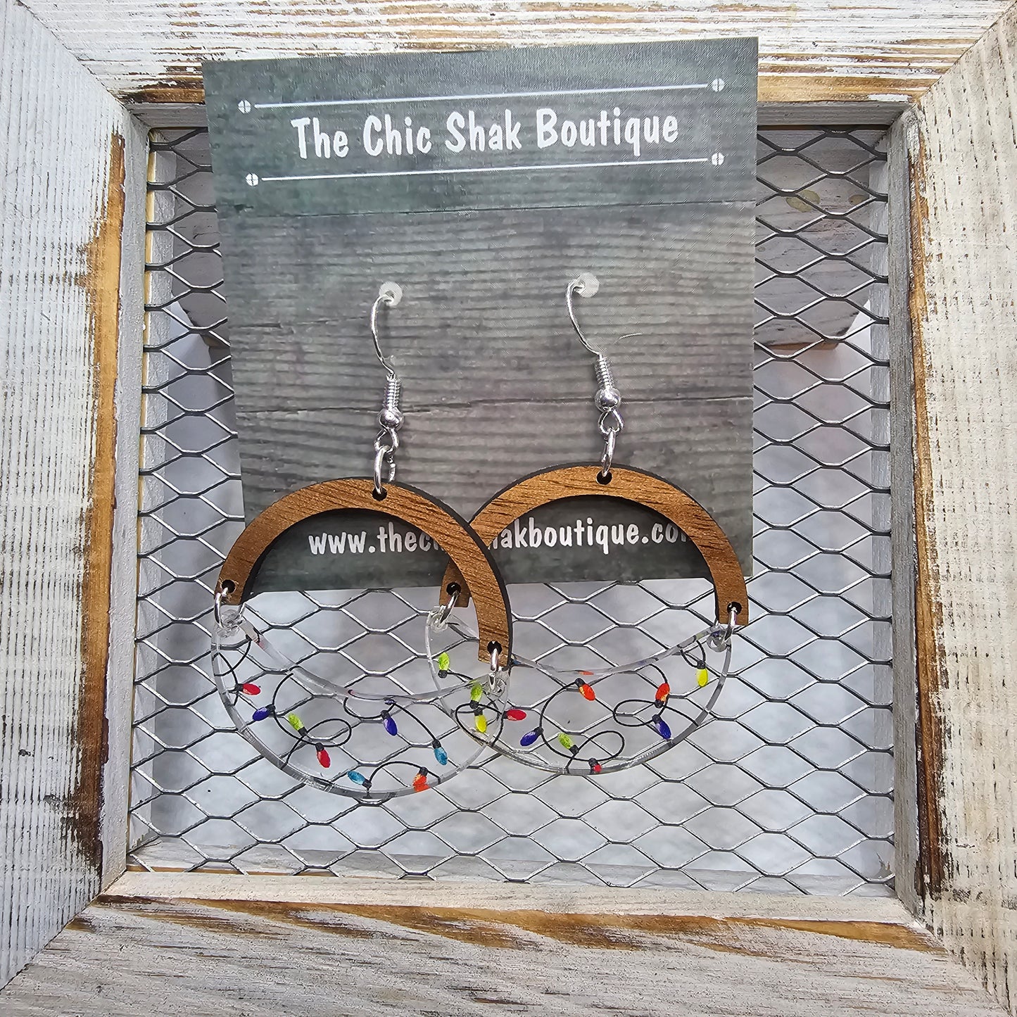 Patterned Acrylic and Wood Christmas Lights Earrings