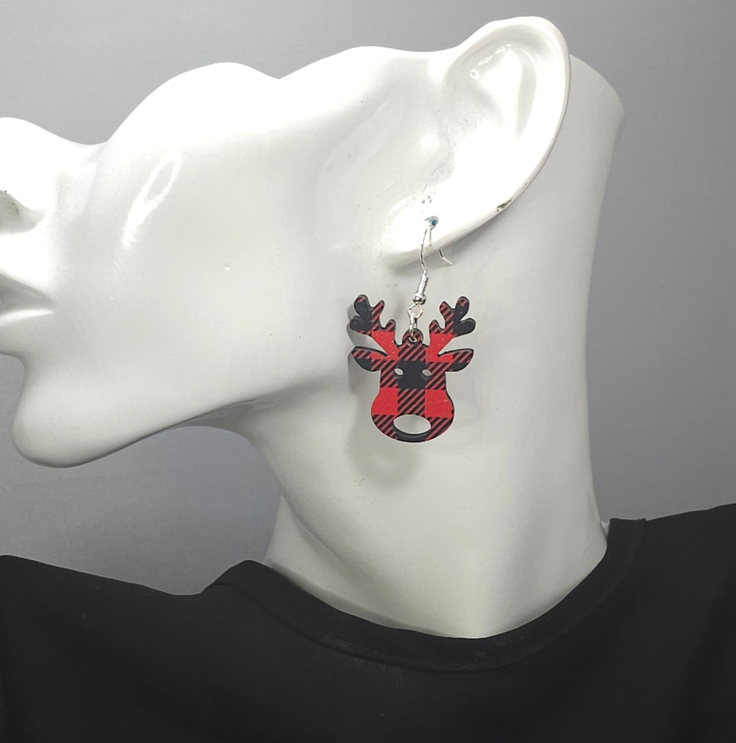 Buffalo Plaid Wooden Reindeer Earrings