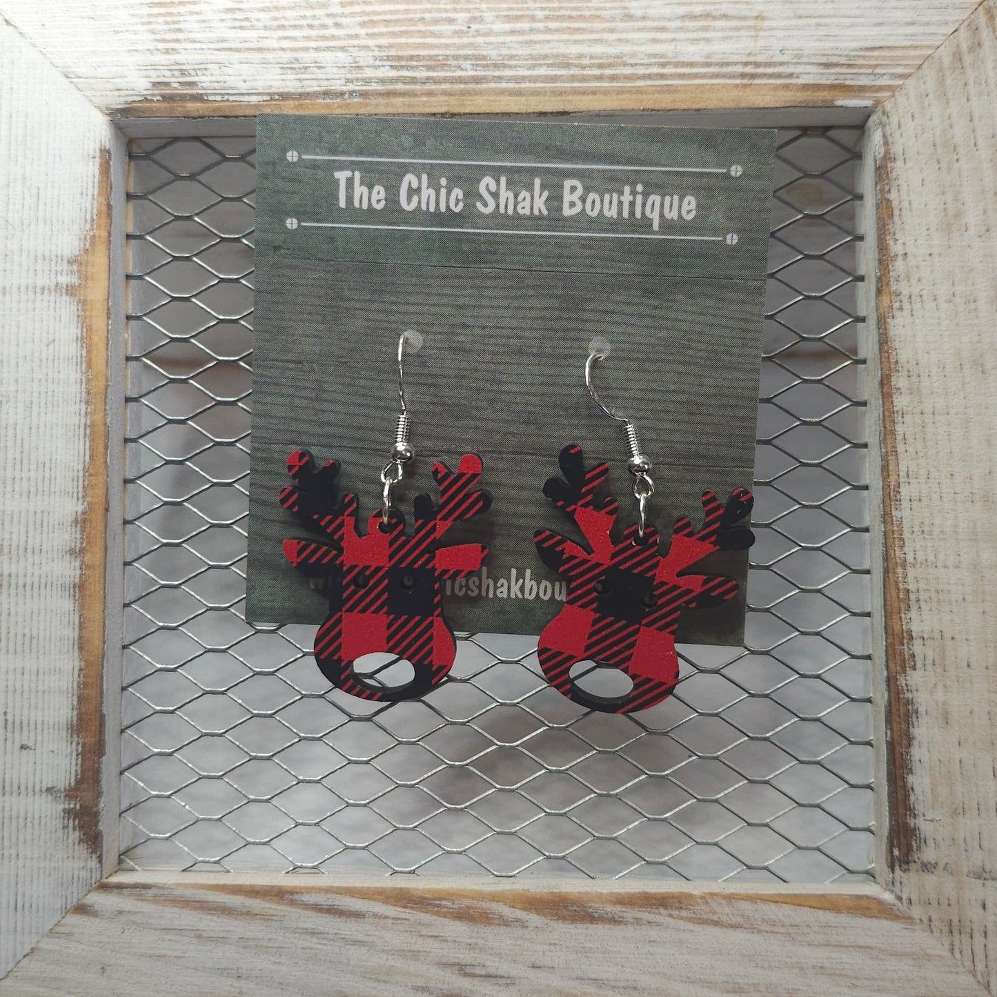Buffalo Plaid Wooden Reindeer Earrings