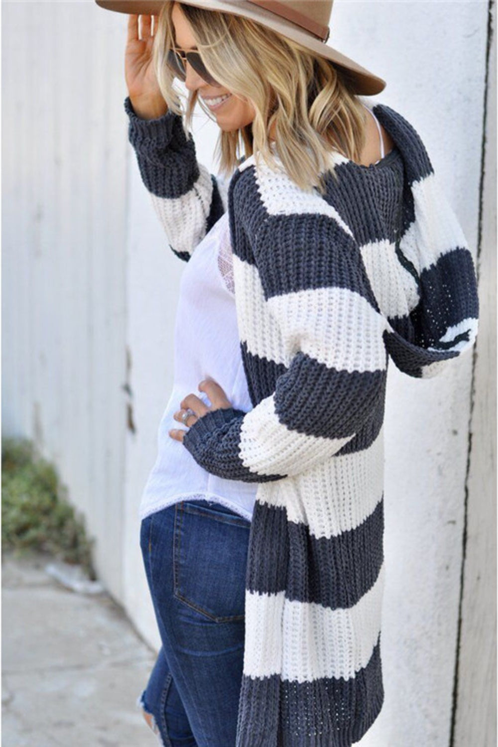 Contrast Striped Open Front Long Sleeve Cardigan