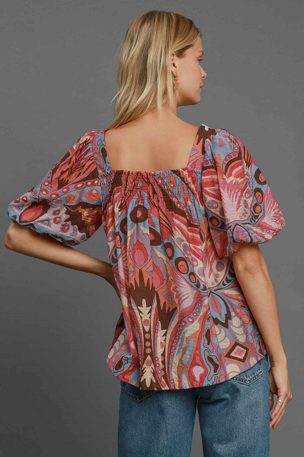 Umgee Abstract Print Smocked Puff Sleeve Blouse
