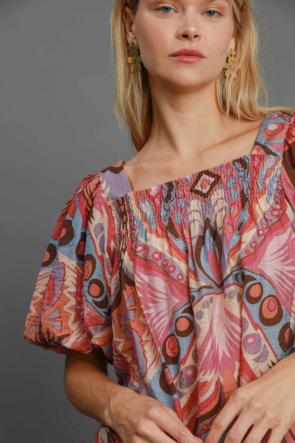 Umgee Abstract Print Smocked Puff Sleeve Blouse