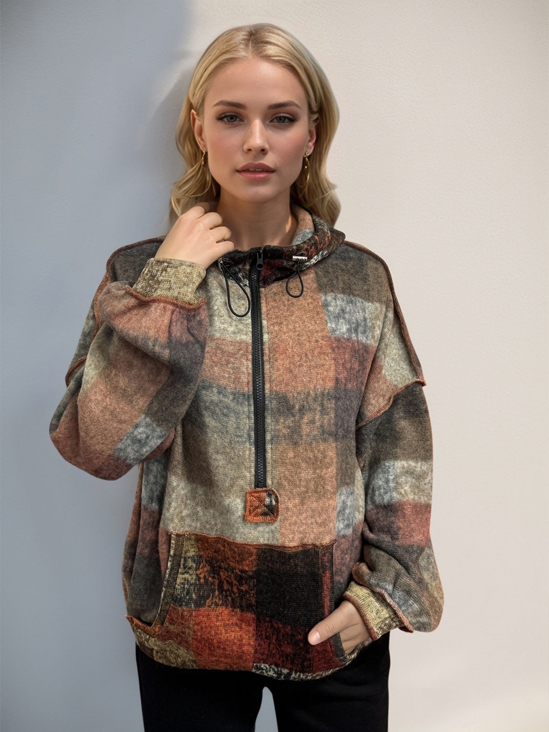 Double Take Half Exposed Seam Fleece Hoodie
