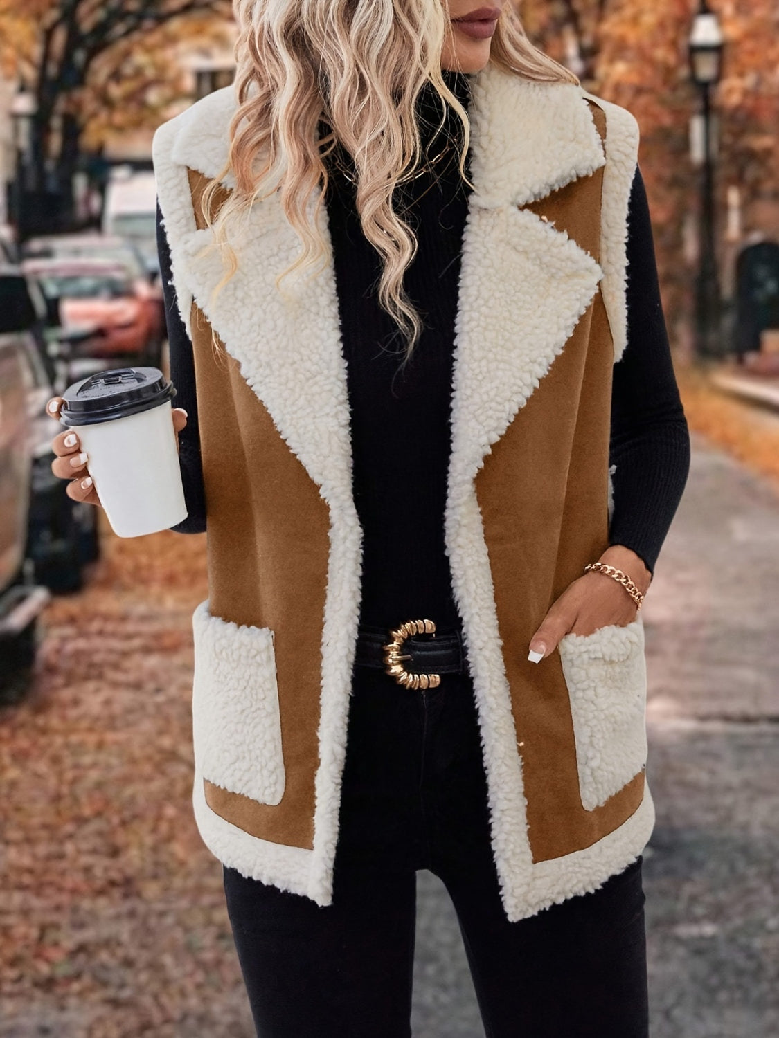 Contrast Open Front Sherpa Vest