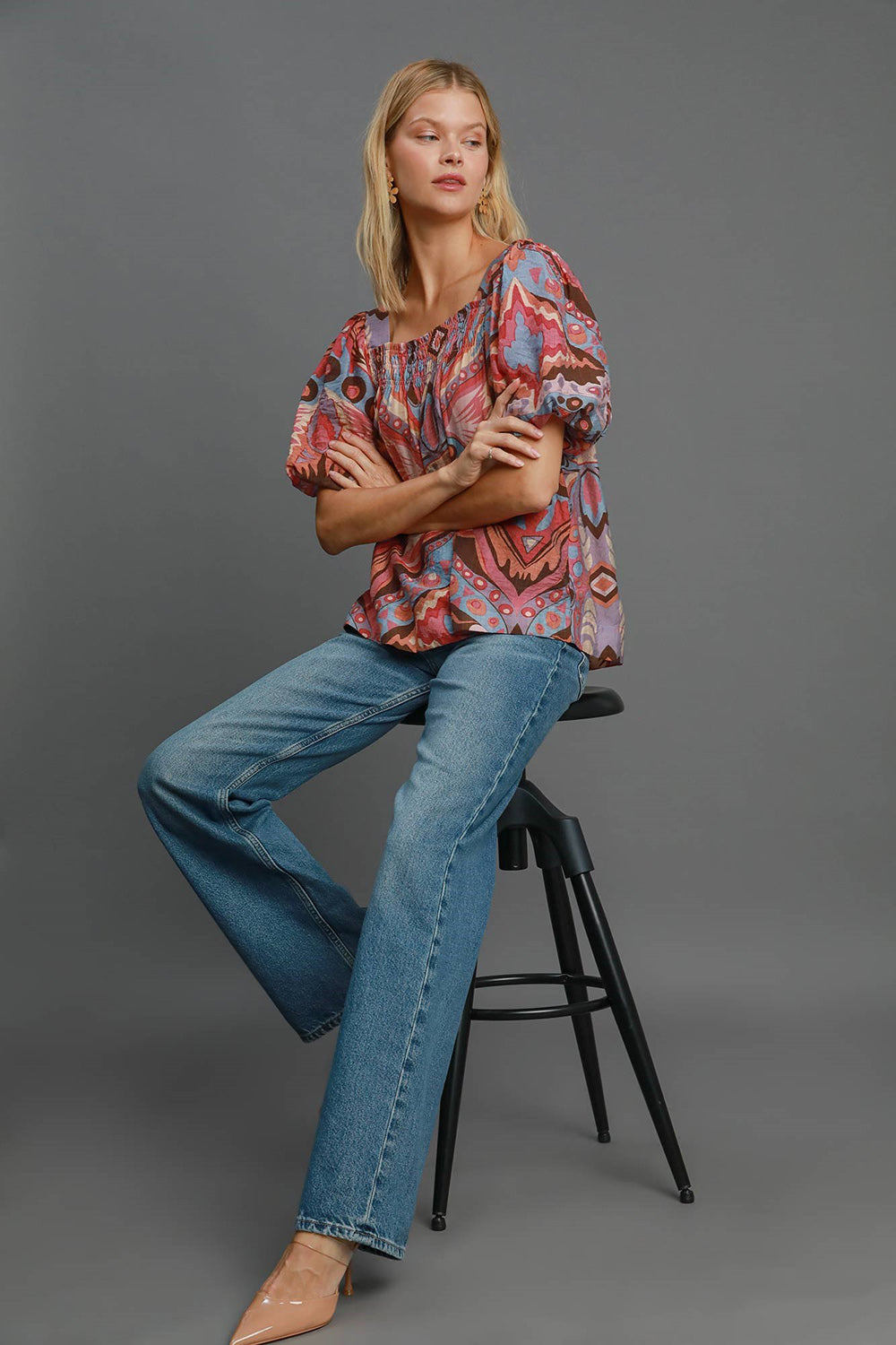 Umgee Abstract Print Smocked Puff Sleeve Blouse
