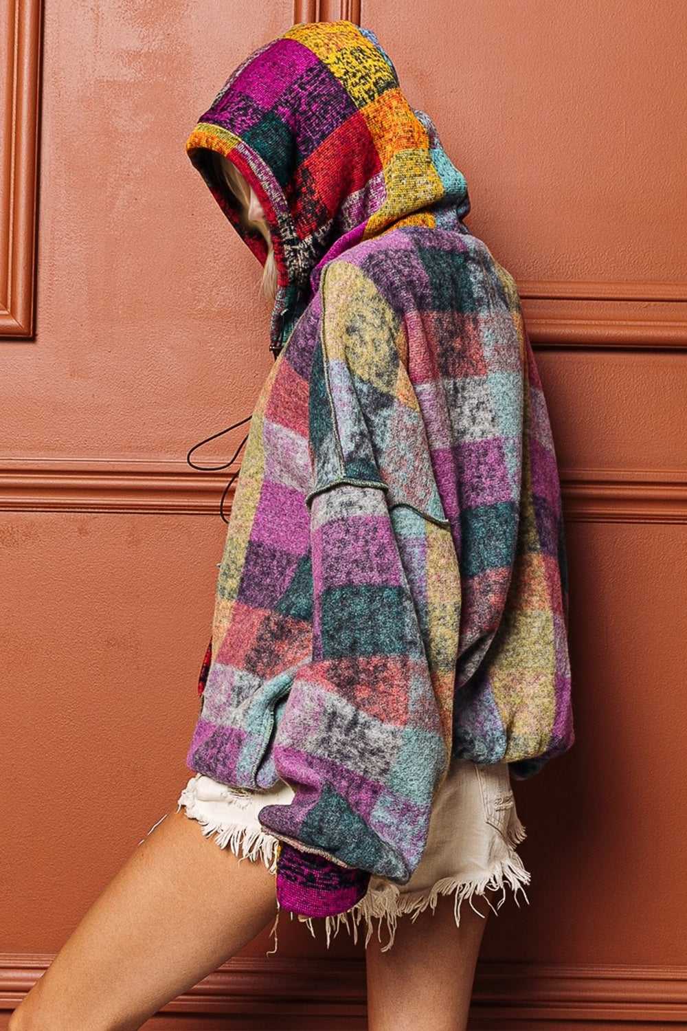 Double Take Half Exposed Seam Fleece Hoodie