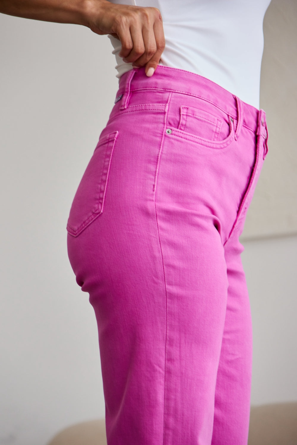 RFM Chloe Tummy Control High Waist Raw Hem Cropped Jeans-Pink Rouge