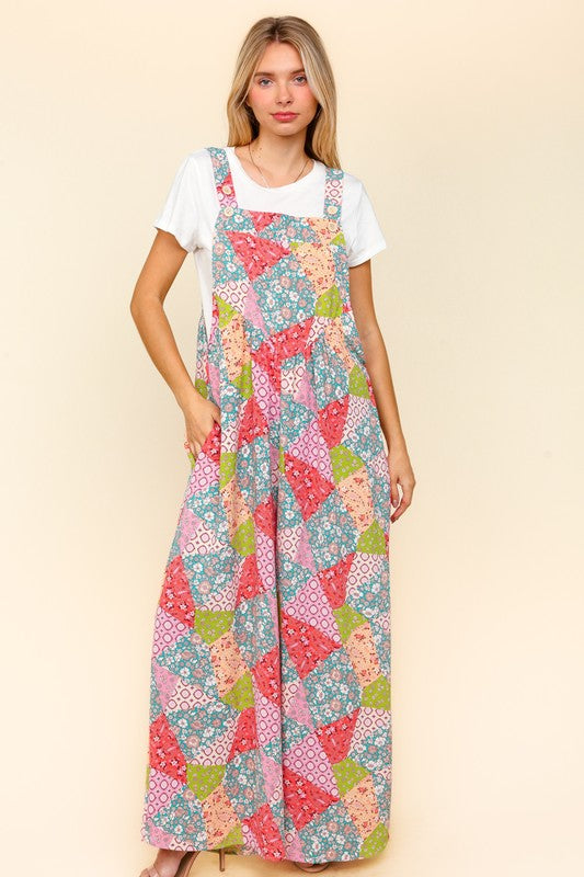 Haptics Printed Wide Leg Overalls with Side Pockets
