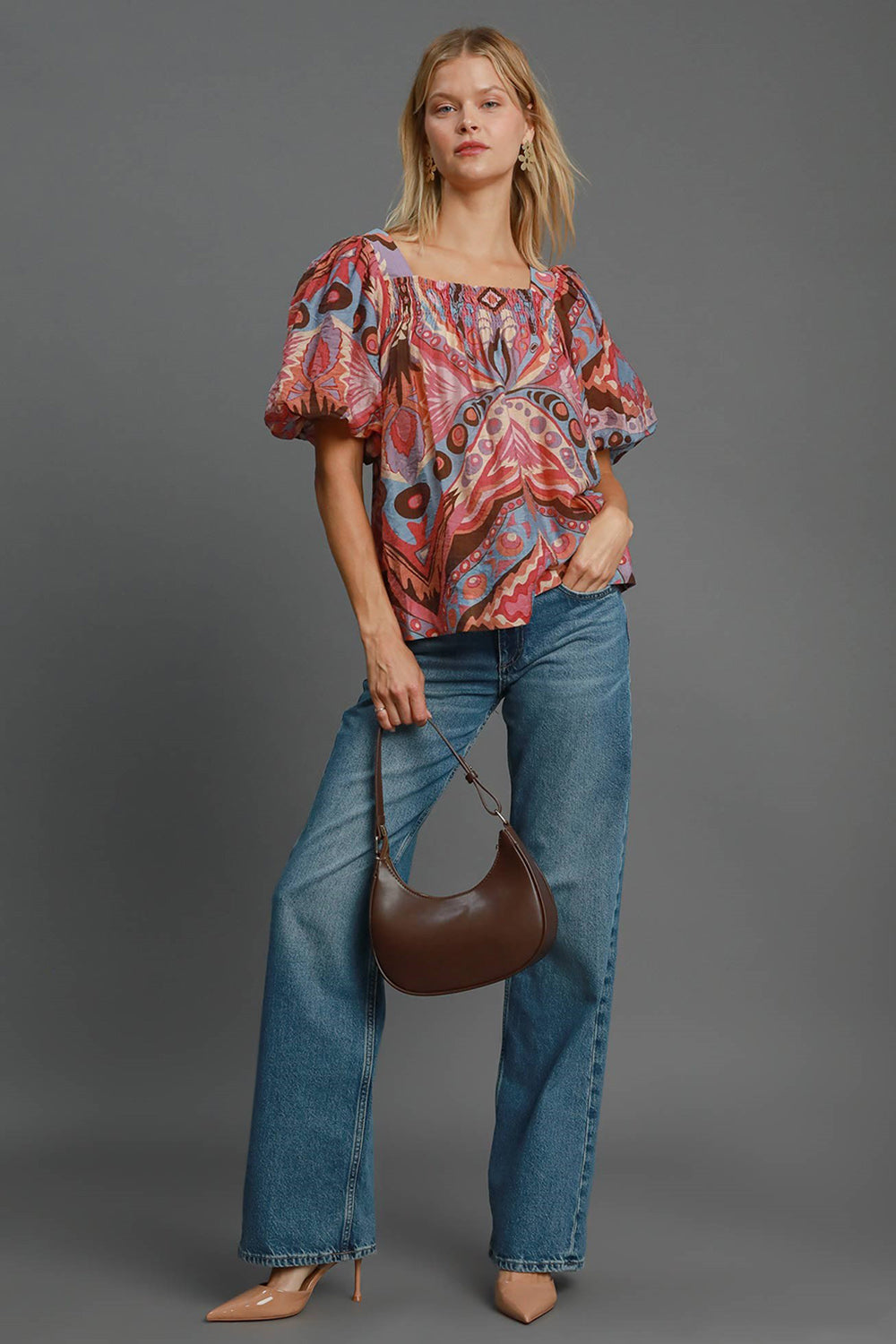 Umgee Abstract Print Smocked Puff Sleeve Blouse