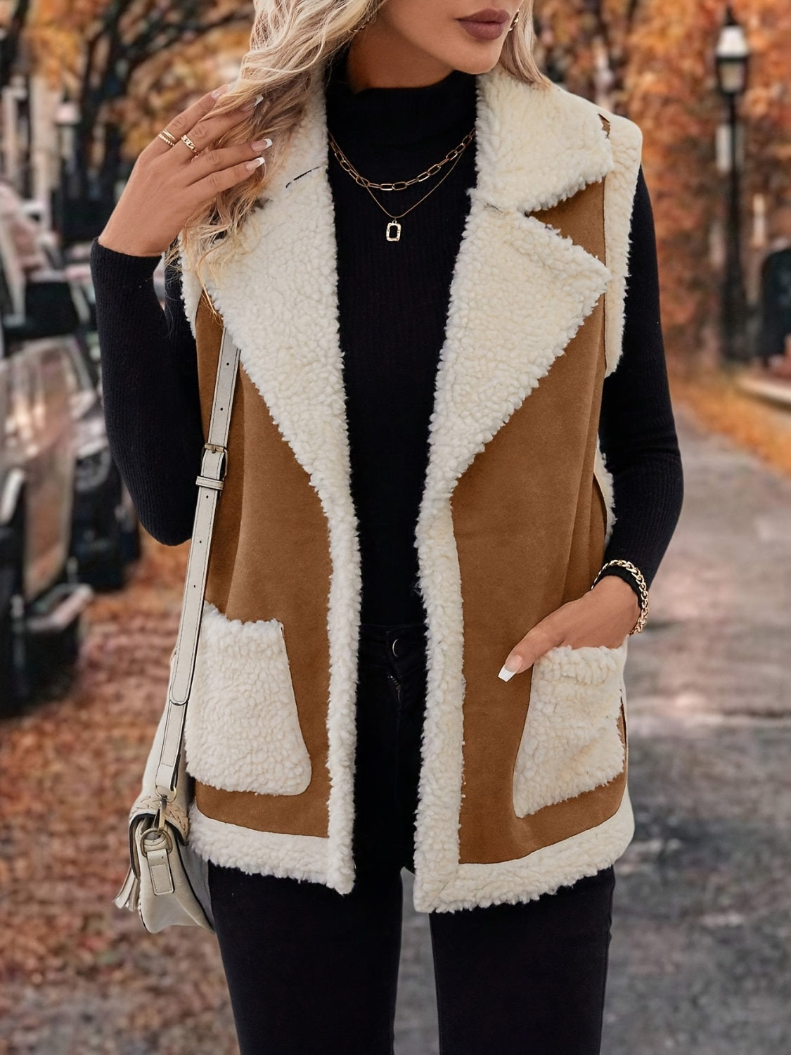 Contrast Open Front Sherpa Vest