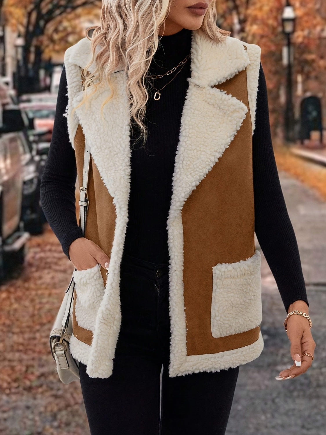 Contrast Open Front Sherpa Vest