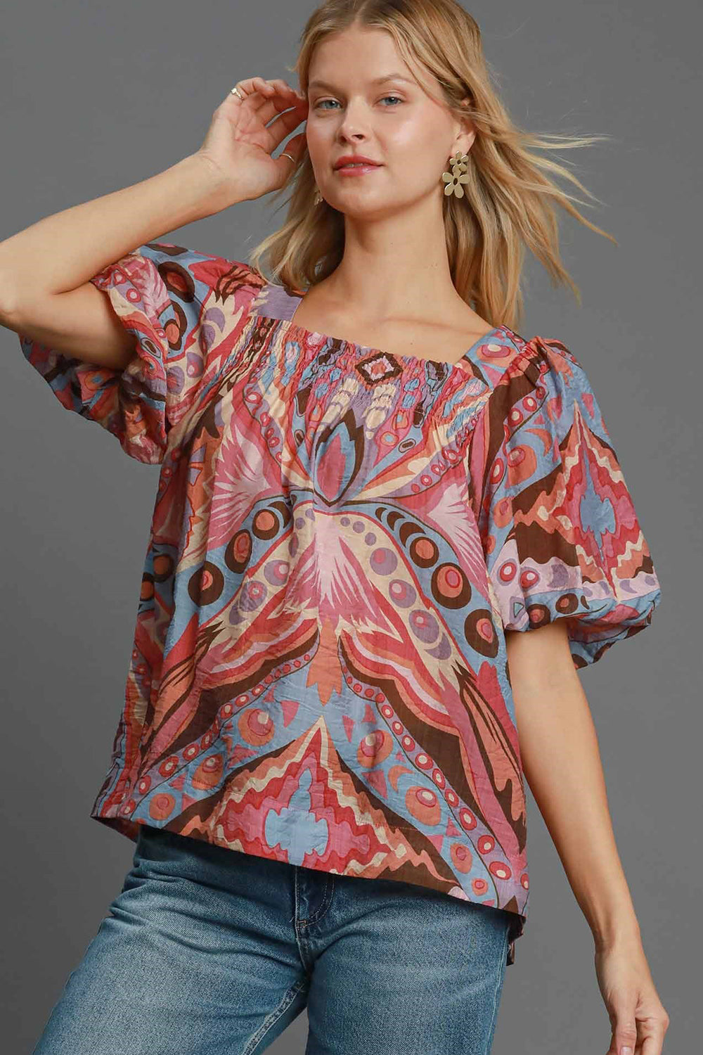Umgee Abstract Print Smocked Puff Sleeve Blouse