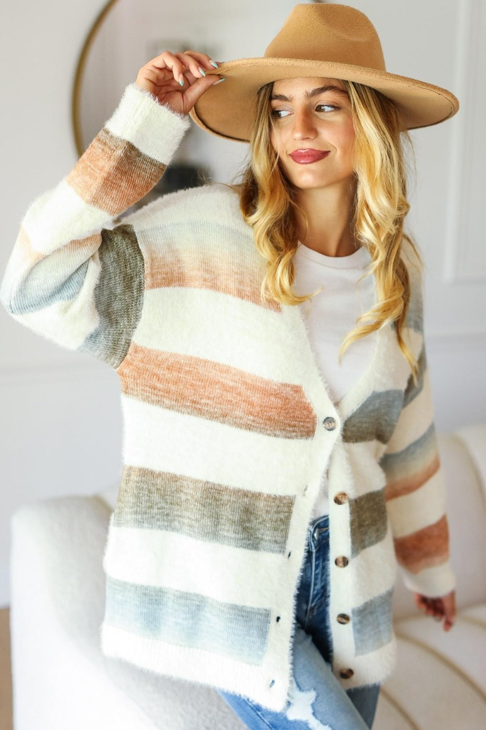 Haptics Stripe Soft Fuzzy Sweater Cardigan