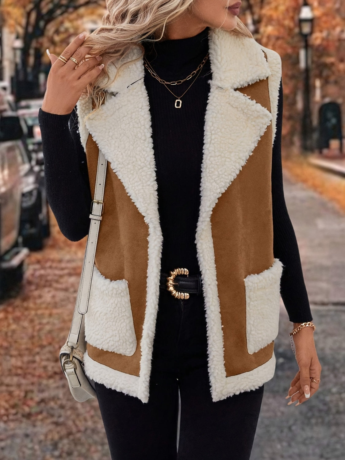Contrast Open Front Sherpa Vest