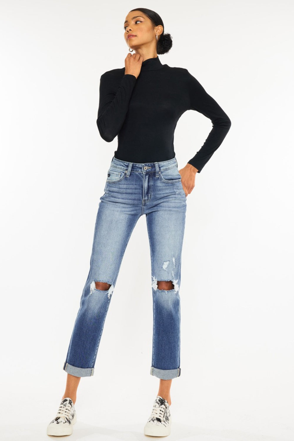 KanCan High Waist Distressed Hem Detail Cropped Straight Jeans