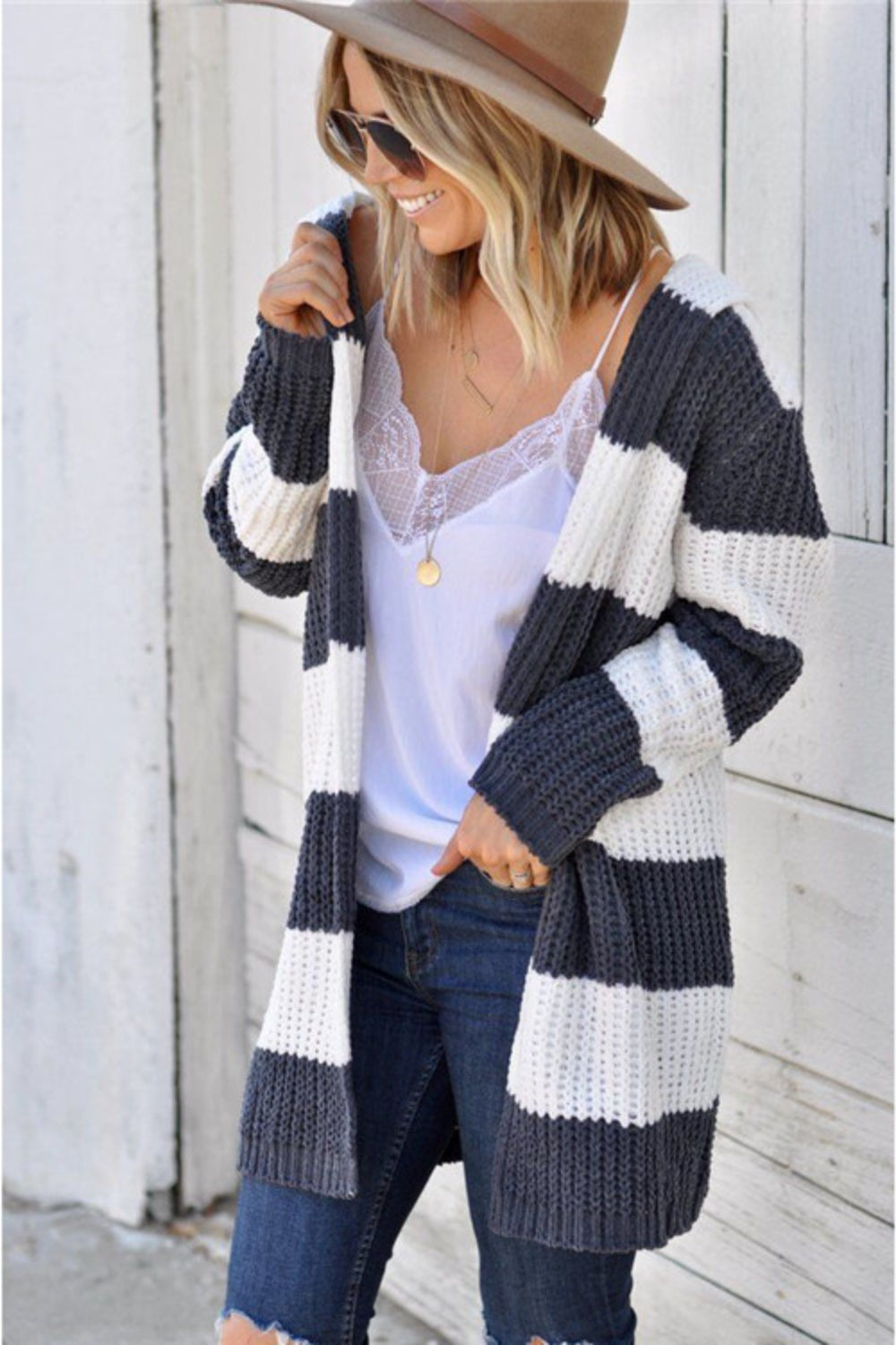 Contrast Striped Open Front Long Sleeve Cardigan