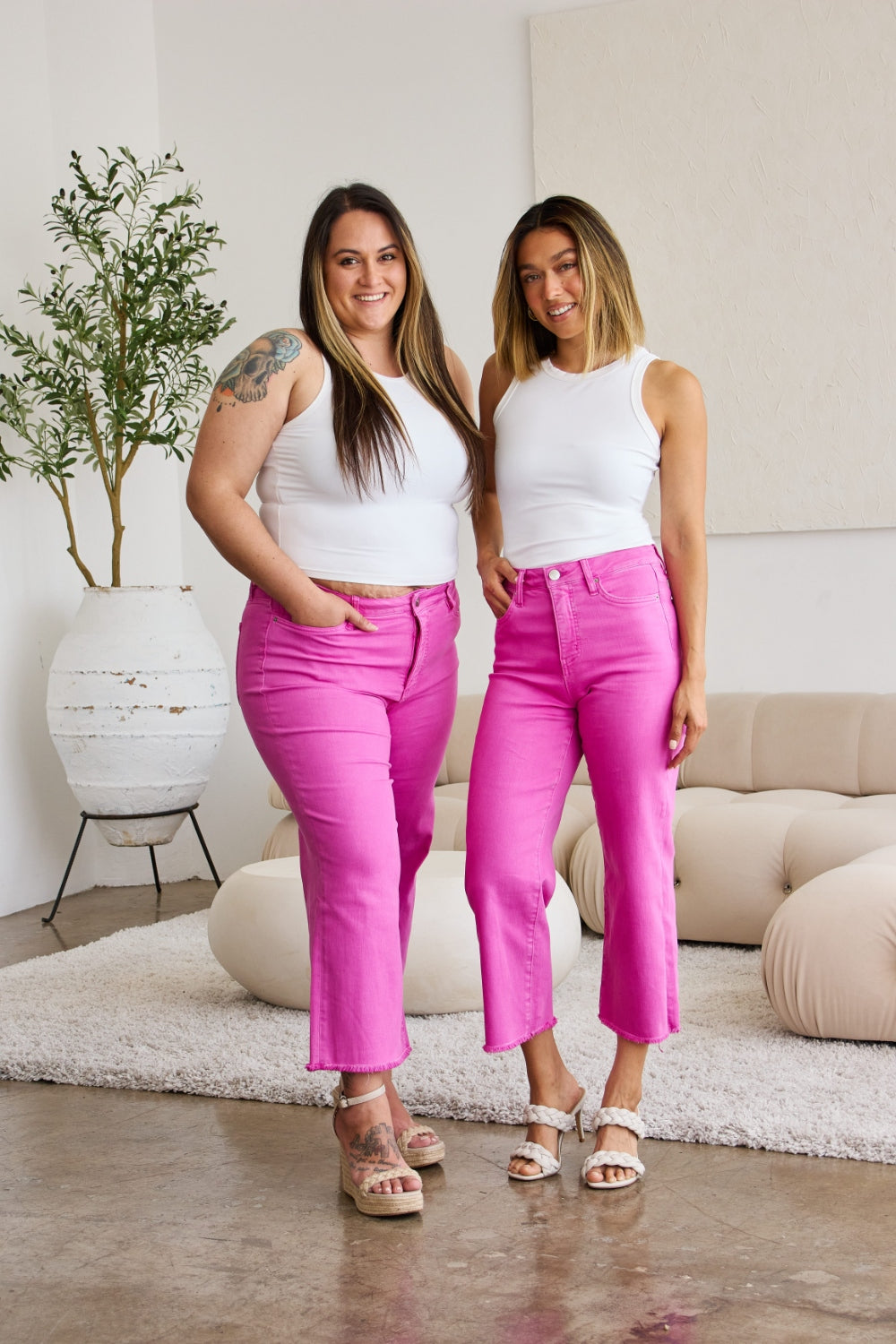 RFM Chloe Tummy Control High Waist Raw Hem Cropped Jeans-Pink Rouge