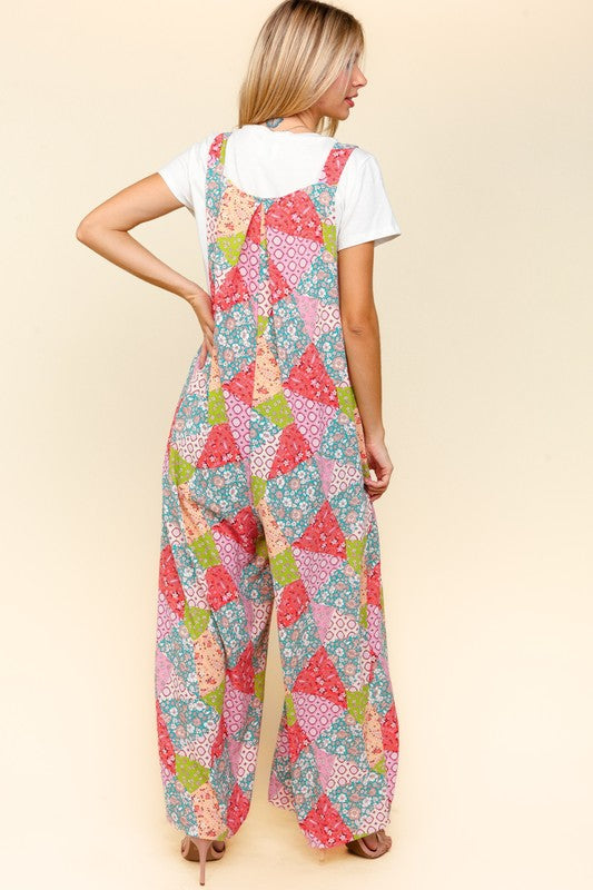 Haptics Printed Wide Leg Overalls with Side Pockets