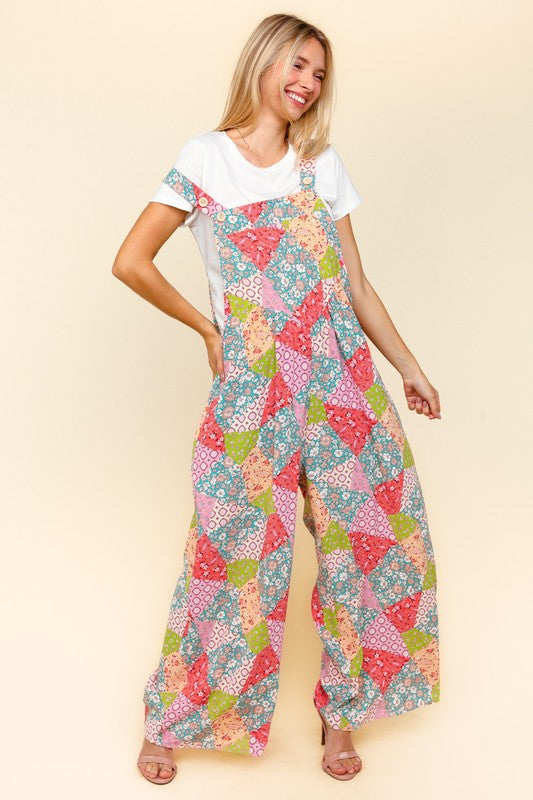Haptics Printed Wide Leg Overalls with Side Pockets